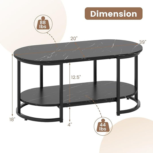 Giantex 2-Tier Coffee Table, Oval Center Table with Faux Marble Top & Open Storage Shelf, Modern Accent Table with Heavy Duty Metal Frame, Cocktail Table for Living Room Reception (Black Marble)