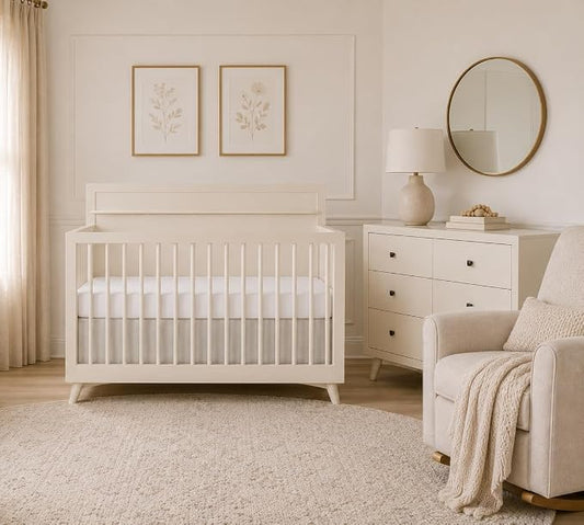 Evolur Loft Antilia 4-in-1 Convertible Full-Size Baby Crib in Vanilla Bean, GreenGuard Gold & BSA, Converts to Toddler, Day & Full-Size Bed, 3 Mattress Heights Modern Scandinavian Design