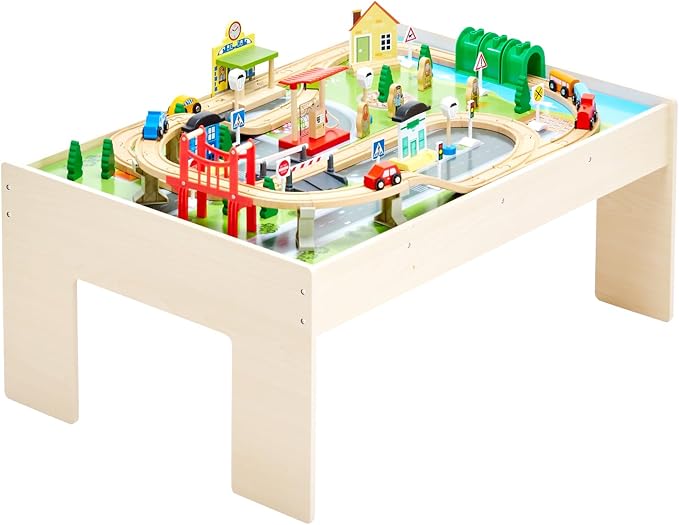 VEVOR Train Table, 84 Multicolor Pieces Wooden Kids Activity Table with Collapsible Storage Bin, 3-in-1 Wooden Train Set for Gaming, Drawing, Reading, Eating, Creative Toy Set for Kids Ages 3+