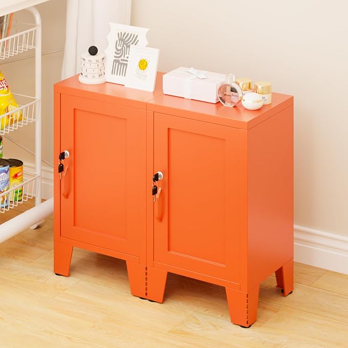 ALBAD Metal Nightstand with Lockable Cabinet, Compact Mini Locker Bedside Table for Kids & Adults, Modern Steel Side Table for Bedroom, Dorm, or Living Room (Orange)