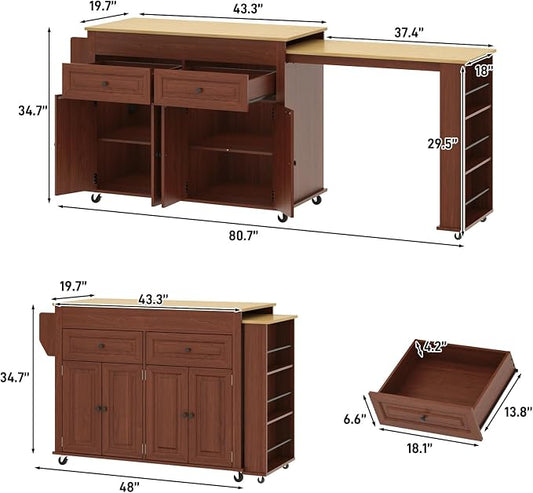 80"-48" Extendable Kitchen Island with Extended Dining Table and Power Outlet,Large Mobile Kitchen Storage Islands with 2 Storage Drawers,Rolling Islands Cart with 3 Extra Rows Open Shelves(Brown)