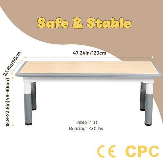 FUNLIO 23.6in*47.2in Adjustable Kids Table, 3-Level Height for Ages 3-8, Easy to Wipe Arts & Crafts Toddler Table for Classrooms/Daycares/Homes, CPC & CE Approved - Grey