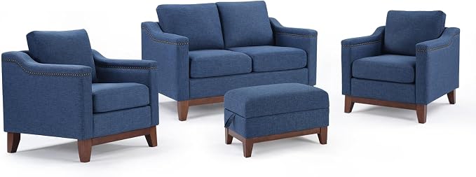 HAOMARKETS 4 Piece Fabric Sofa Set with Nailhead Trim, Included Comfy Accent Chair Set of 2, Upholstered Loveseat 2-Seater Sofa Couches and Storage Ottoman with Flip-Top Table for Living Room, Blue