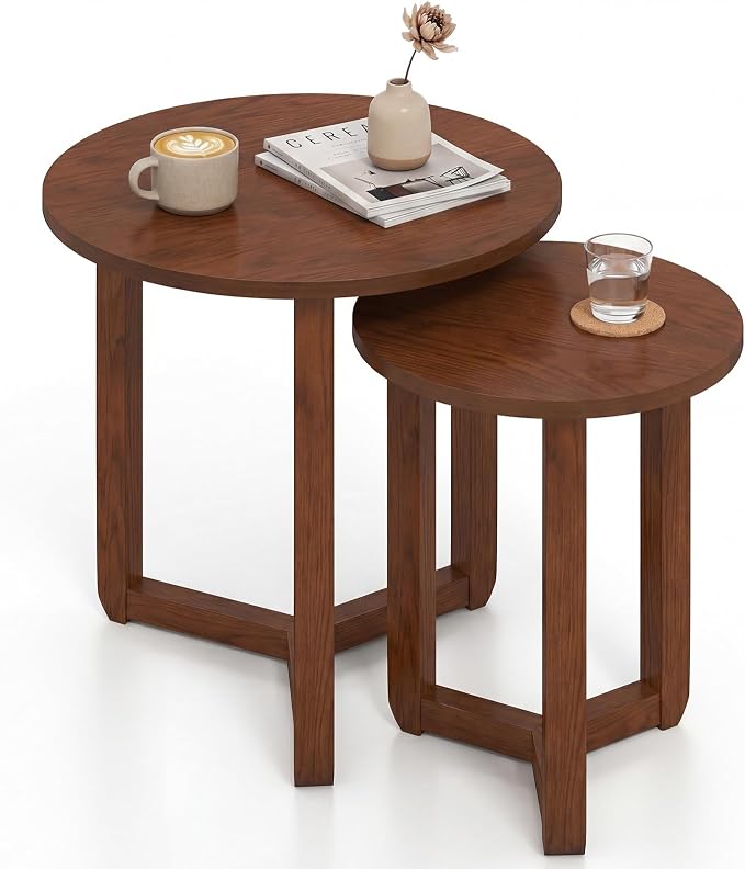 Giantex Round Nesting Coffee Table Set of 2, Wood Nesting End Tables with Thickened Top & Solid Rubber Wood Legs, Farmhouse Sofa Side Table for Small Spaces Living Room Bedroom (Walnut)