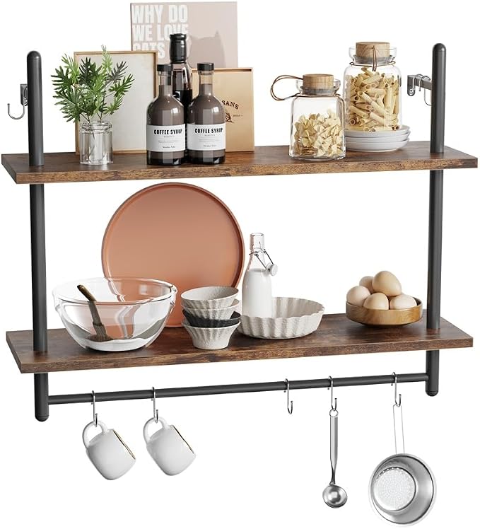 Bestier Pipe Shelf Industrial Floating Shelving 31" Kitchen Wall-Mounted Shelf with Towel Bar Hooks Coffee Bar Shelves Wine Hanging Display Rack Bookshelf Living Room Decor Bathroom-Rustic Brown