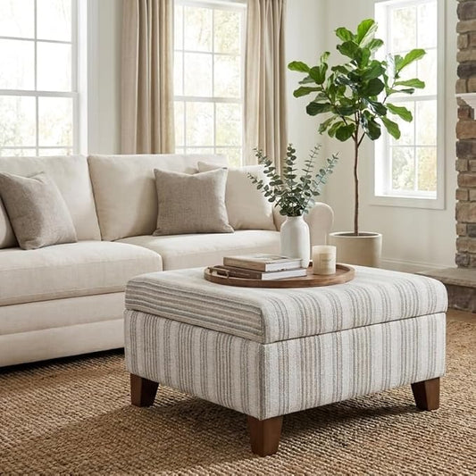 HomePop Harper Luxury 28" Square Storage Ottoman - Gray Striped Pattern