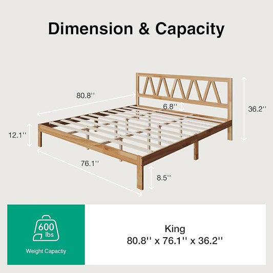 Novilla 12inch King Bed Frame Wooden King Bed Frame and Headboard, Solid Wood King Size Bed Frame with Headboard, No Box Spring Needed, Easy Assembly, Natural