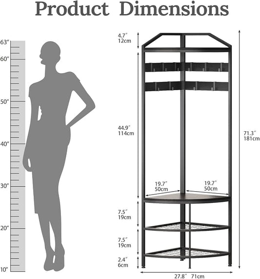 GiftGo Corner Hall Tree with Shoe Bench Entryway Coat Rack with 10 Metal Movable Hooks Freestanding Clothes Rack Shoes Shelf Organizer for Home Office Bedroom (Black)