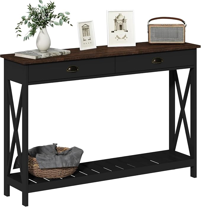 ChooChoo 47" Farmhouse Console Table with Drawer for Entryway, Narrow Long Entry Table with Shelf for Living Room, Rustic Vintage Hallway Sofa Table with Stable X Supports, Black