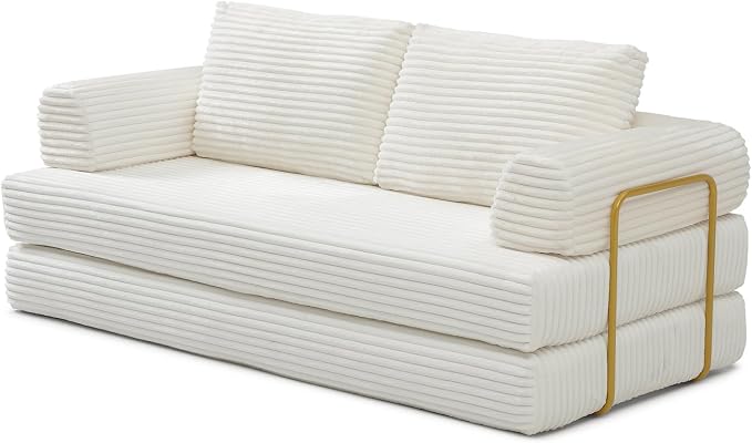 HANXIN 80 Inch Convertible Sleeper Sofa Bed, High Back Plush Corduroy Folding Floor Mattress Couch with Fixed-Shape Frame, Boneless Futon Loveseat with Pull Out Bed, No Assembly Required (Beige)