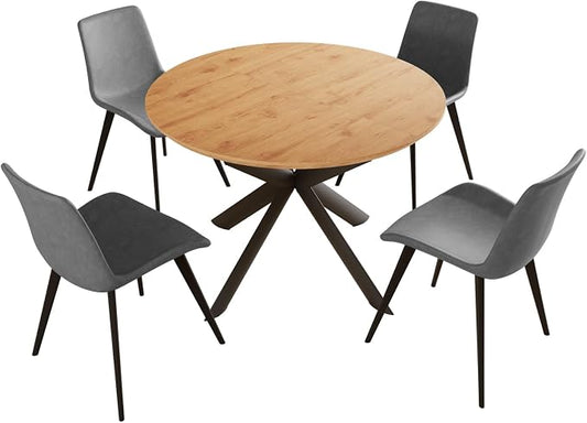 HIPIHOM Extendable Round Dining Kitchen Table 43.2"-59.1" | Mid century modern oak finish, MDF board, space saving, scratch resistant, for 4-6 person dining use