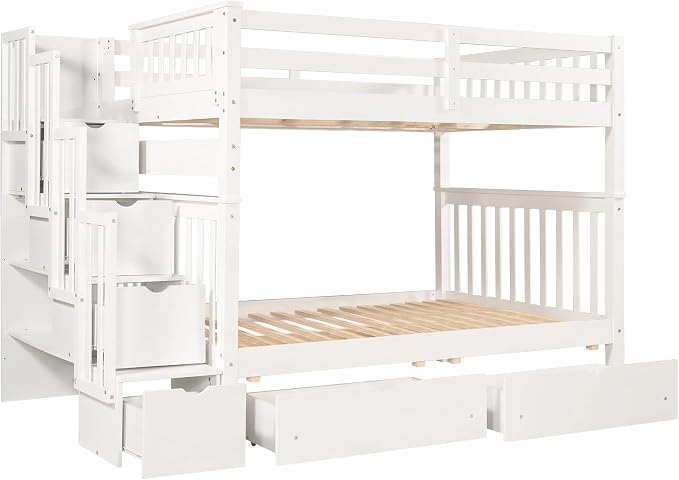 RUNNA Full Over Full Bunk Bed, Convertible, Storage Stairs White | Full over full bunk bed, convertible split design, storage stairs, solid pine wood, guardrails, no box spring needed,White