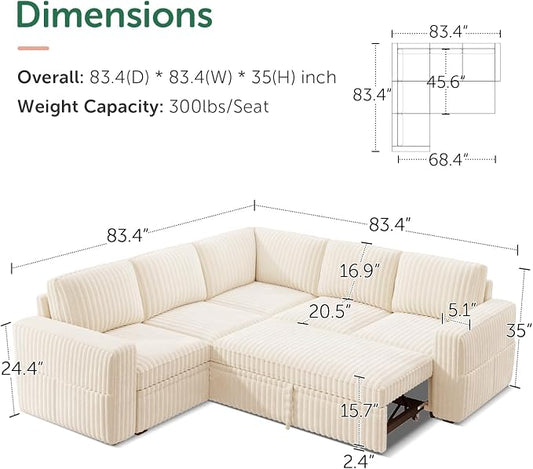 HONBAY Modular Sectional Sleeper Sofa with Pull Out Bed,Corduroy L Shaped Couch with Storage, Sectional Couches for Living Room,Beige