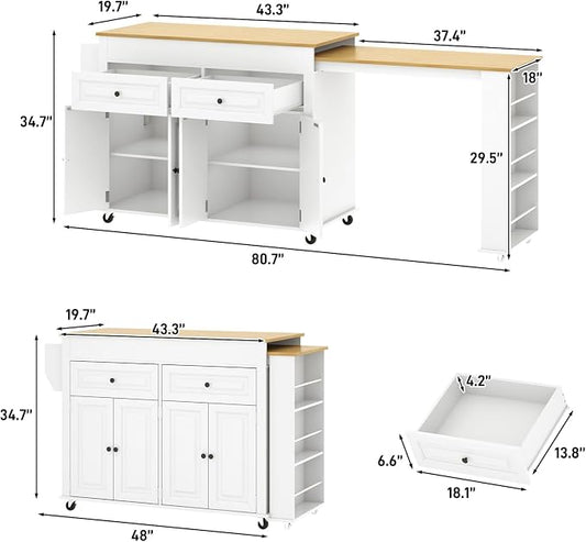 80"-48" Extendable Kitchen Island with Extended Dining Table and Power Outlet,Large Mobile Kitchen Storage Islands with 2 Storage Drawers,Rolling Islands Cart with 3 Extra Rows Open Shelves(White)