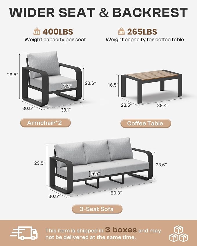 Oversized Aluminum Outdoor Furniture Set, Extra Large Patio Furniture Sofa Set 4.8” Widened Armrest & Ultra-Thick Cushions, 4 Pcs Modern Patio Sectional for Backyard, Porch, Gray