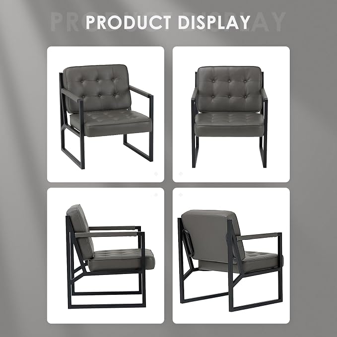 COLAMY Accent Chairs Set of 2, Modern Accent Arm Chairs for Living Room, Comfy Leather Armchairs with Metal Legs for Bedroom Reception Room, Grey