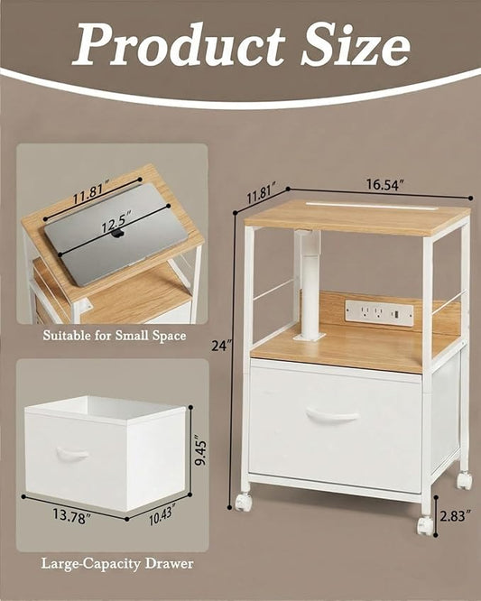 Faesun Swivel Lift Top Nightstand with Charging Station, Rolling Side Table for Recliner, Bedside Table with Wheels & a Fabric Drawer, for Small Spaces, for Bedroom, Living Room, Oak White