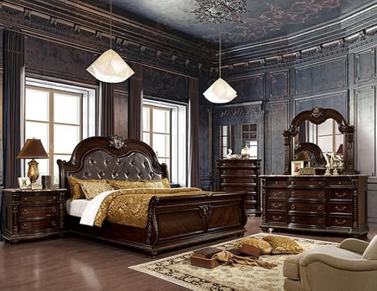 First of a Kind Fromberg 5 Piece Queen Size Bedroom Furniture Set in Brown Cherry - Traditional Leatherette Camelback Bed with Marble Top Bedroom Collection