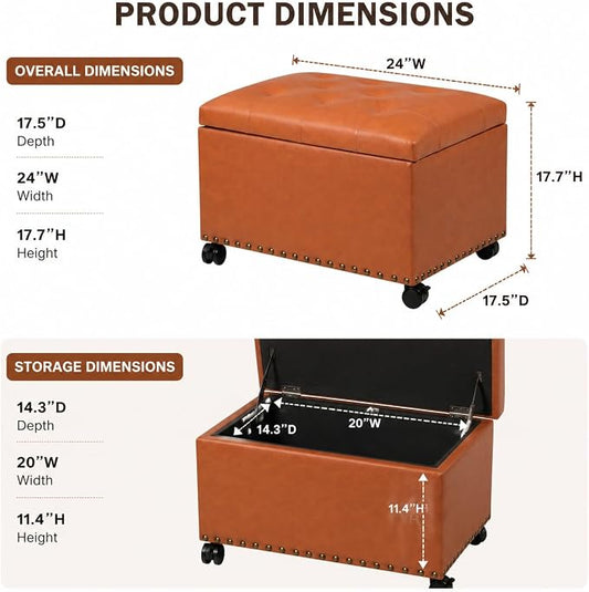 Joveco PU Leather Rolling Storage Ottoman, 24" Tufted Lid, Nailhead Trim & Hidden Storage,Elegant Footrest & Organizer on Caster Wheels for Living Room, Bedroom, Entryway(Orange Brown,Wheels)