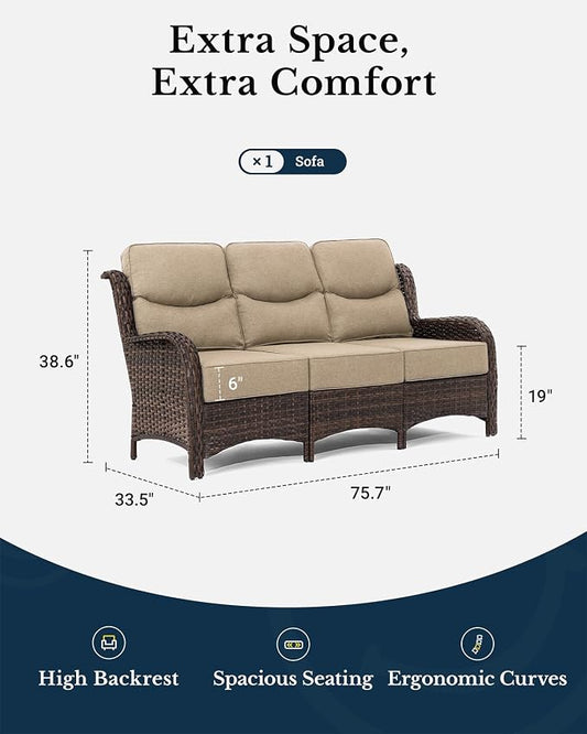 HILLGA Luxury Outdoor Furniture High Back Patio Sofa, Oversized 3-Seater Couch with 6'' Thick Cushions, Ideal for Porch, Poolside, Deck, and Yard (Beige)