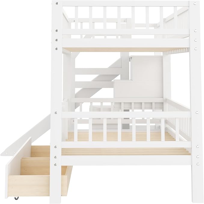 RUNNA Twin Over Twin Bunk Bed with Slide, Storage Drawers, White | Built for kids who play hard and parents who hate clutter. Sturdy wood, safety rails & easy-access drawers—one bed, zero mess