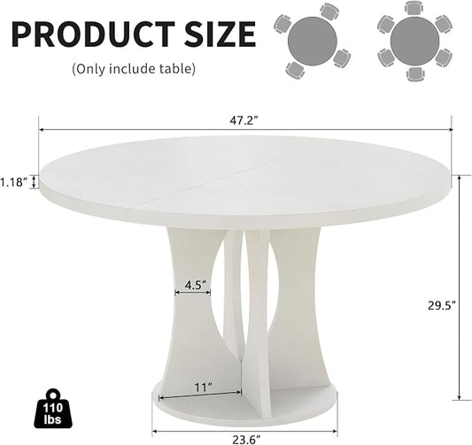 iPormis 47-Inch Round Dining Table for 4-6 People, Circle Dinner Table with Wooden Legs and A Stable Round Pedestal Base, Space Saving Wooden Kitchen and Dining Room Table, White (Table Only)