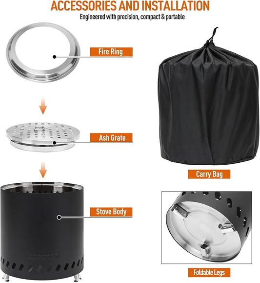 Portable Table Top Fire Pit with Stand, 8.6" Stainless Steel Mini Outdoor Low Smoke Burning Tabletop Firepit Fueled by Pellets or Wood, for Outside Camping Black