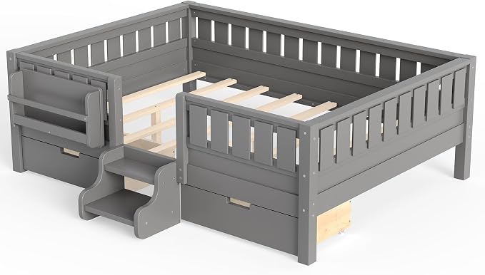 Bellemave Full Size Montessori Bed with Stairs, Rails and Slats, Full Size Montessori Floor Bed with Bookshelf and 2 Storage Drawers, Easy Assemble Beds Frame for Girls, Boys, Gray