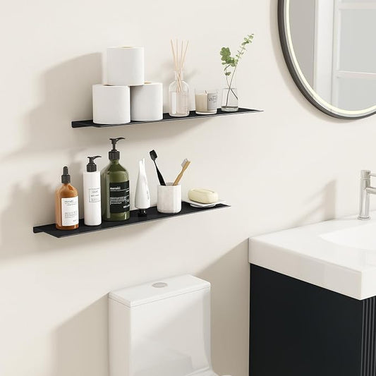 MKO 20" Floating Shelves for Wall, Long Metal Wall Mounted Shelf for Bathroom, Bedroom, Living Room, Kitchen, Display Hanging Shelves for Books/Storage/Room Decor 2 Packs, Black