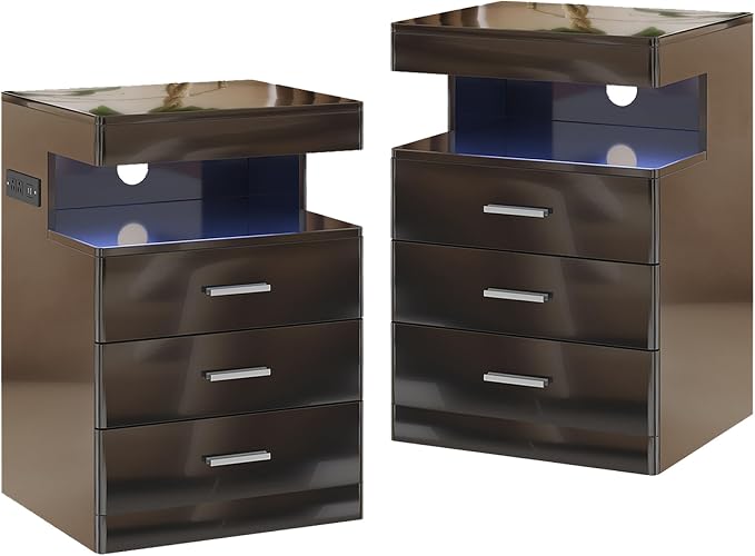 Treocho Led Nightstand with Hidden Space, Night Stand Set of 2 with Charging Station, 3 Drawer Smart Nightstand with Glossy Finish, Tall Bedside Table with RGB Lights for Bedroom, Black