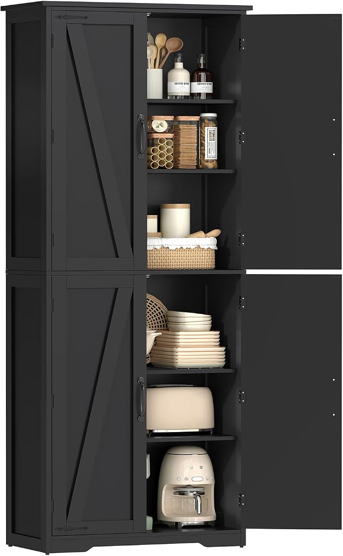TEENFON Tall Storage Cabinet, Kitchen Cabinet with 4 Shelves, Adjustable Shelves, Pantry Cabinets with 4 Barn Doors, Tall Kitchen Cabinets for Dining Room, Living Room, Black