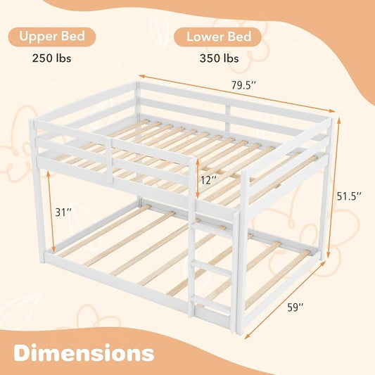 KOMFOTT Low Bunk Bed Full Over Full, Solid Wood Full Bed Frame with Built-in Ladder & Safety Guardrails, Teens, No Box Spring Needed, Space-Saving Low Bunk Bed for Kids