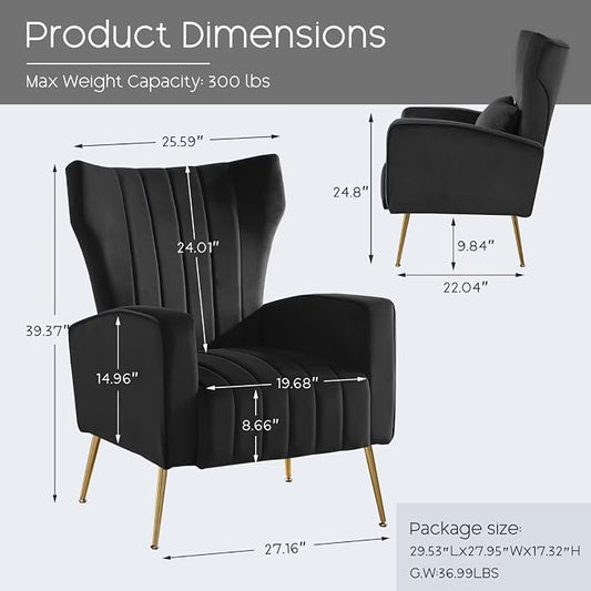 Accent Chair,Wingback Armchair for Living Room, HighBack Reading Chair with Golden Metal Legs Lumbar Pillow,Upholstered Single Sofa for Bedroom, Apartment, Small Spaces Velvet Black