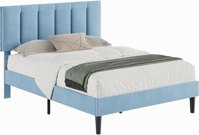 VECELO Queen Size Bed Frame with Upholstered Headboard, Heavy-Duty Bedframe with Wooden Slats & Steel Framework, Easy Assembly, Light Blue