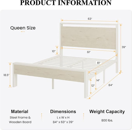 SHA CERLIN 14 Inch Queen Metal Platform Bed Frame with Wooden Headboard and Footboard, No Box Spring Needed, Large Under Bed Storage, Heavy Duty Slats Support, White Washed Oak