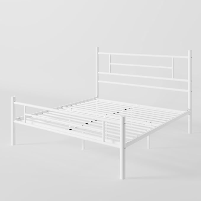 Allewie 14 Inch Queen Size Metal Platform Bed Frame with Headboard and Footboard, Underbed Storage, Strong Metal Slats Support, Mattress Foundation, No Box Spring Needed, Easy Assembly, White