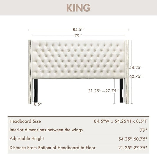 Madison Park King Wingback Upholstered Tufted Headboard, Featuring High-Density Sponge Padding, Adjustable Height Headboard, Easy Assembly, Beige Velvet