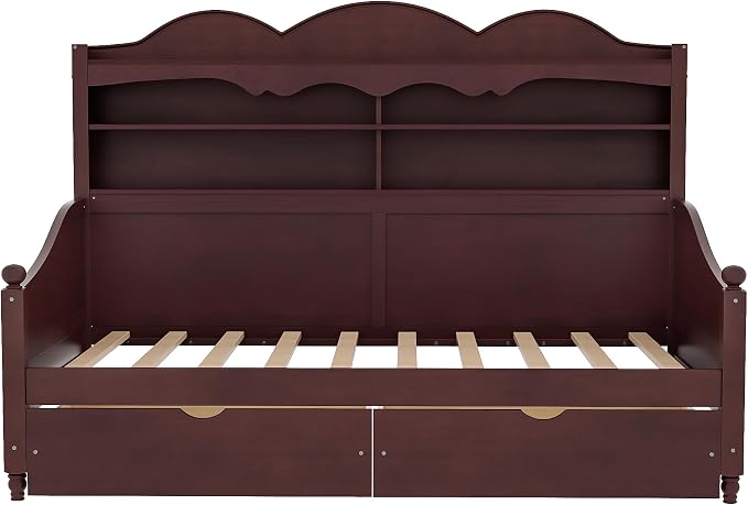 Merax Twin Daybed with Storage Drawers, Wood Twin Day Bed with 3-Tier Storage Headboard Shelves, Retro Style Twin-Size Daybed for Bedroom Guest Room, No Box Spring Needed, Easy Assembly, Espresso