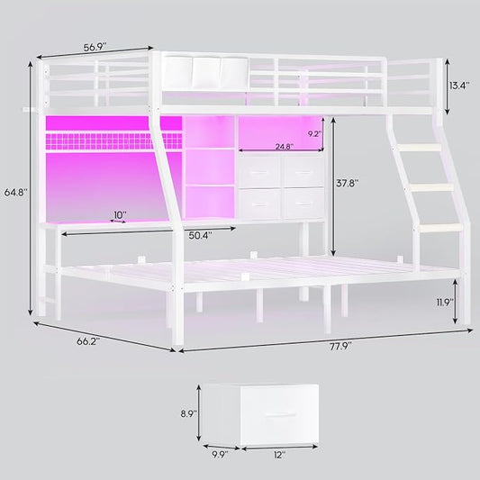 BTHFST Full Over Full Bunk Beds with 4 Storage Drawers & Shelves & Bedside Caddy, Bunk Bed with Charging Station & LED Lights, Full Size Bunk Bed with Safety Guardrail & Angled Ladder, White