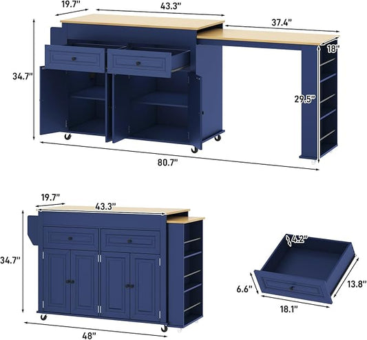 80"-48" Extendable Kitchen Island with Extended Dining Table and Power Outlet,Large Mobile Kitchen Storage Islands with 2 Storage Drawers,Rolling Islands Cart with 3 Extra Rows Open Shelves(Blue)