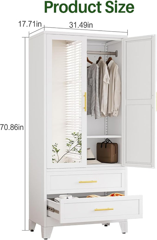winiowa Metal Armoire Wardrobe Closet with 2 Drawers, 71" Wardrobe Cabinet with Adjustable Shelves and Hanging Rod, Clothing Storage Cabinet Closet with Mirror for Bedroom-White
