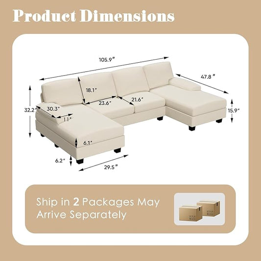 Furniwell Convertible Sectional Sofa Couch, 4 Seat Sofa Set for Living Room U-Shaped Modern Fabric Modular Sofa Sleeper with Double Chaise & Memory Foam (Fabric, White)