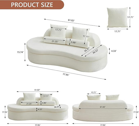 AVZEAR 78" Curved Loveseat Sofa, Chenille Upholstered 2 Seater Couch for Living Room, No Assembly Modern Love Seat Cloud Sofa with 2 Bolster Pillows & 2 Square Pillows, High-Density Foam, White
