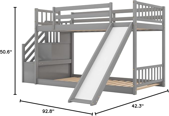 Twin Over Twin Bunk Bed with Slide and for Storage Staircase for Teens, Boys or Girls, No Box Sping Needed