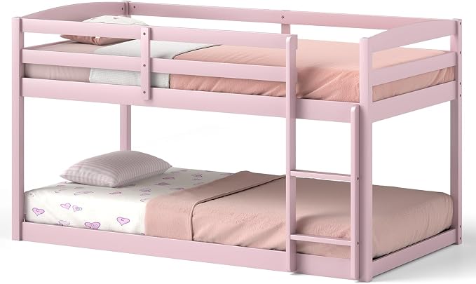 MAT EXPERT Bunk Bed Twin Over Twin, Low Wood Bunk Bed Frame w/Safety Guardrails, Ladder & Slats, Floor Platform Twin Bunk Beds for Kids Toddlers, for Dorm Bedroom, No Box Spring Needed (Pink)