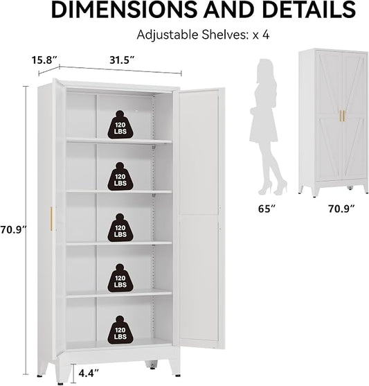 COFaR 71" Metal Pantry Cabinet with 5 Adjustable Shelves, White Storage Cabinet with Doors, Sturdy Freestanding Cupboard for Kitchen Organization, Living Room & Bathroom