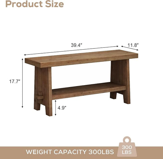 HOKYHOKY Solid Wood Entryway Bench - 39.4" Farmhouse Long Storage Bench, Rustic Narrow Bench Seat for Indoor, Entryway, Dining Room, Living Room and Hallway, Brown