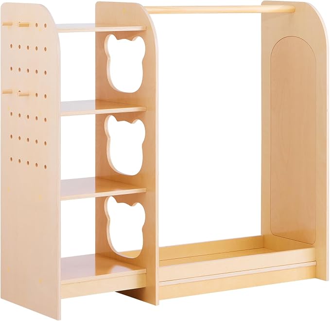 VEVOR Kids Dress Up Storage, with Mirror, Wooden Kids Dress Up Rack, Toddler Wardrobe Closet for Little Girls, Storage Armoire, Costume Organizer, Children Playroom Furniture, for Bedroom, Natural