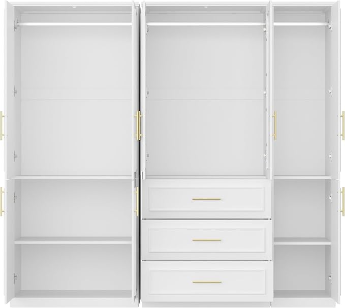 Timechee Almirah for Clothes, White Large Wardrobe Closet System, Bedroom Storage Cabinets with Tempered Glass Doors and Shelves,Hanging Rods, Standing Armoire Wardrobe Closet with Drawers for Bedroom