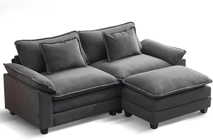 Oprisen 86" Modular Sectional Sofa, Comfy Cloud Couch Sectional Sofa with Ottoman, Velvet Sofa Sleeper Deep Seat Sofa with Throw Pillows for Living Room (Blue Gray, 86"- L Shape)